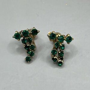 Vintage Clip On Bow Earrings Gold Tone Green Rhinestones